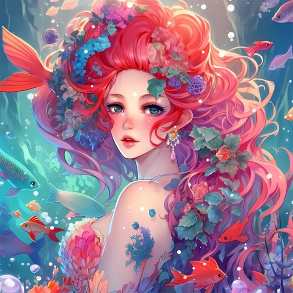 Red Haired Mermaid 40*40cm full round drill diamond painting with AB drills