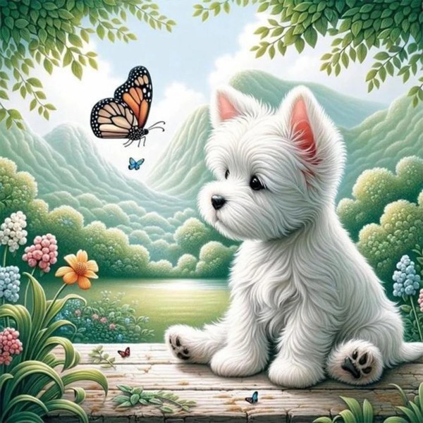 Puppy Playing with Butterfly 40*40cm full round drill diamond painting