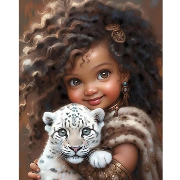 Girl Holding Tiger Cub 40*50cm full round drill diamond painting