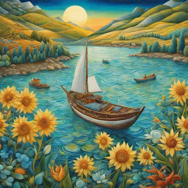 Sunflowers and boats 30*30cm full round drill diamond painting