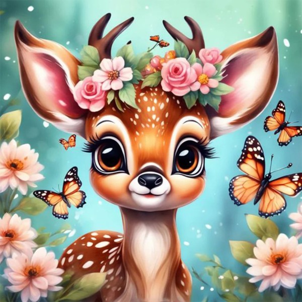 Butterfly and Deer in flowers 30*30cm full round drill diamond painting