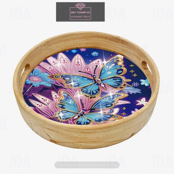 Wooden serving tray with butterfly diamond painting