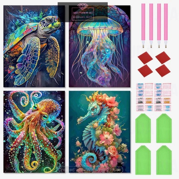 4 pcs Ocean Animals 30*40cm full round drill diamond painting