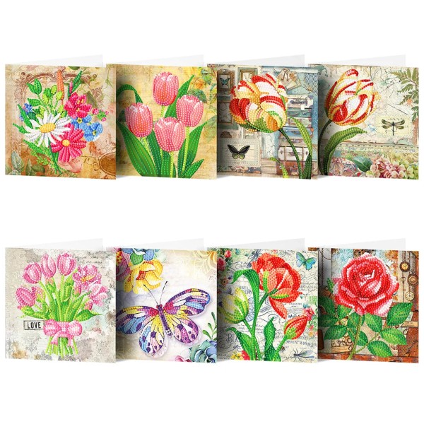 8pcs Flower Diamond Painting Greeting Card