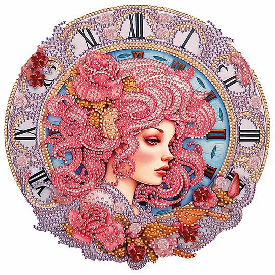 Clock and Pink Haired Girl 30*30cm special shaped drill diamond painting