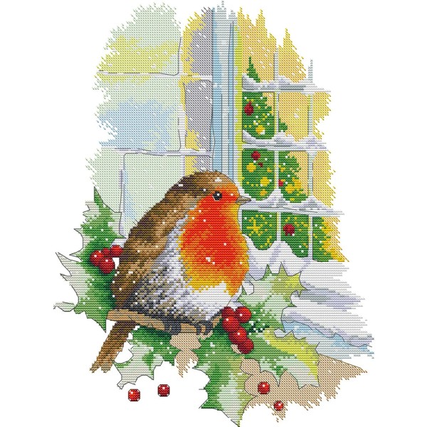 Christmas Robin in front of window partial 14CT Pre-stamped 33*41cm Cross Stitch