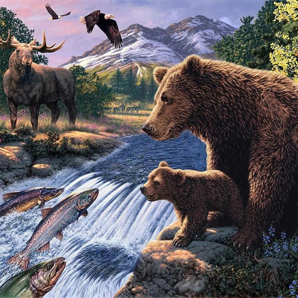 Forest With Grizzly Bear And Fish 40*40cm full square drill diamond painting