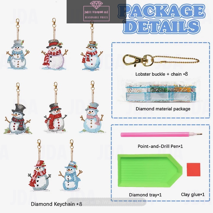 8 pcs  Diamond Painting Keychain double sided snowmen