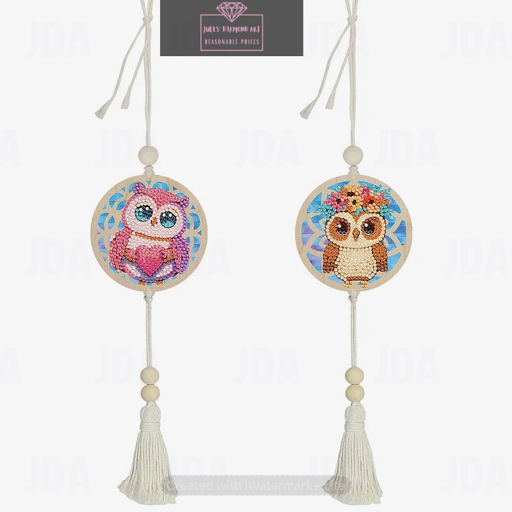 2 pcs Wooden double sided Owl diamond painting hanging tassel