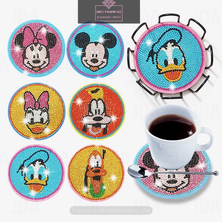6 pcs Diamond Painting Coasters Mickey Minnie wooden