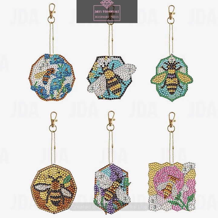 6 pcs Double Sided Special Shape Diamond Painting Keychain Bee
