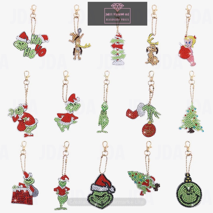 15 pcs Christmas Diamond Painting Keychain Double Sided