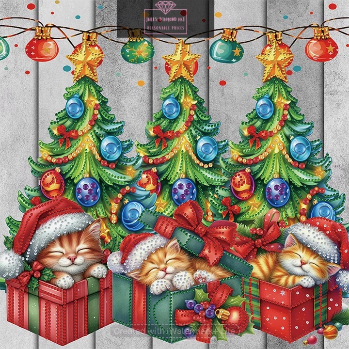 Cat Under Christmas Tree 40*40cm special shaped drill diamond painting