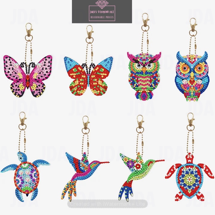 8 pcs Double Sided diamond painting keychains buterfly owl hummingbird