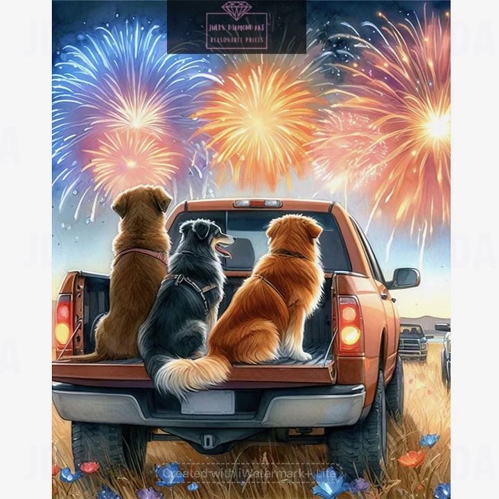 Dog in Truck Watching Fireworks 40*50cm full round drill diamond painting