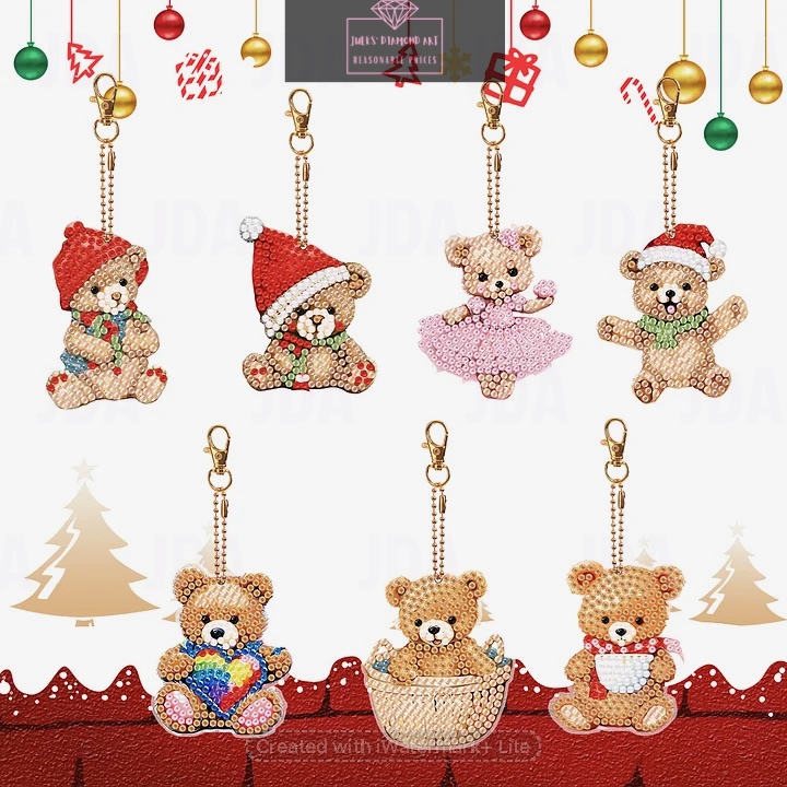 7 pcs Double Sided Diamond Painting Keychain Bear