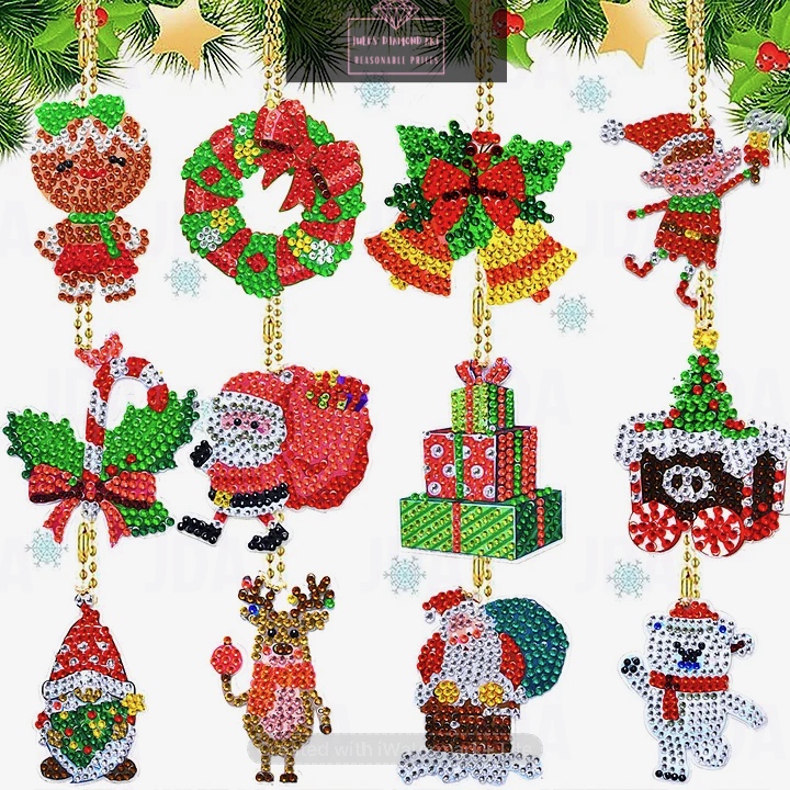 12 pcs Christmas Santa Diamond Painting Keychains