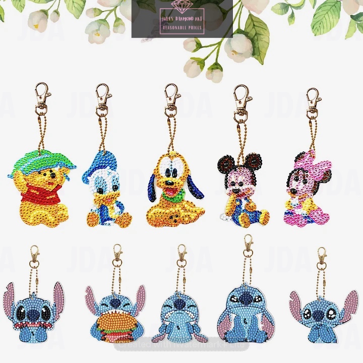 10 pcs Cartoon Theme Diamond Painting Keychains