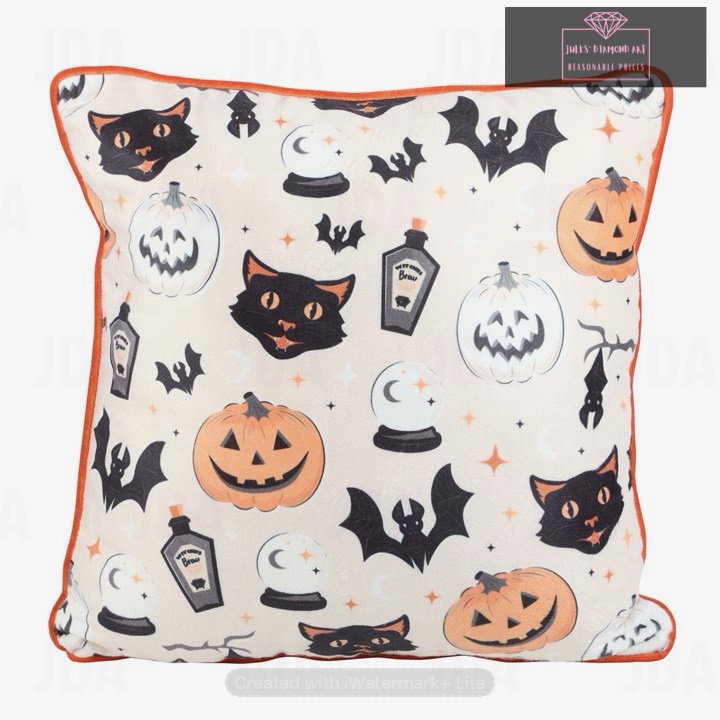 35cm Square Spooky Cat and Pumpkin Print Cushion