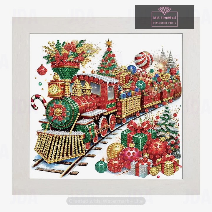 Framed Christmas Gift Train 23*23cm round drill diamond painting