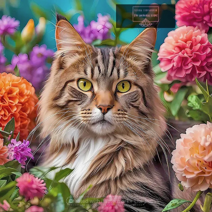 Maine Cat Flower 50*50cm full round drill (50 colours) diamond painting