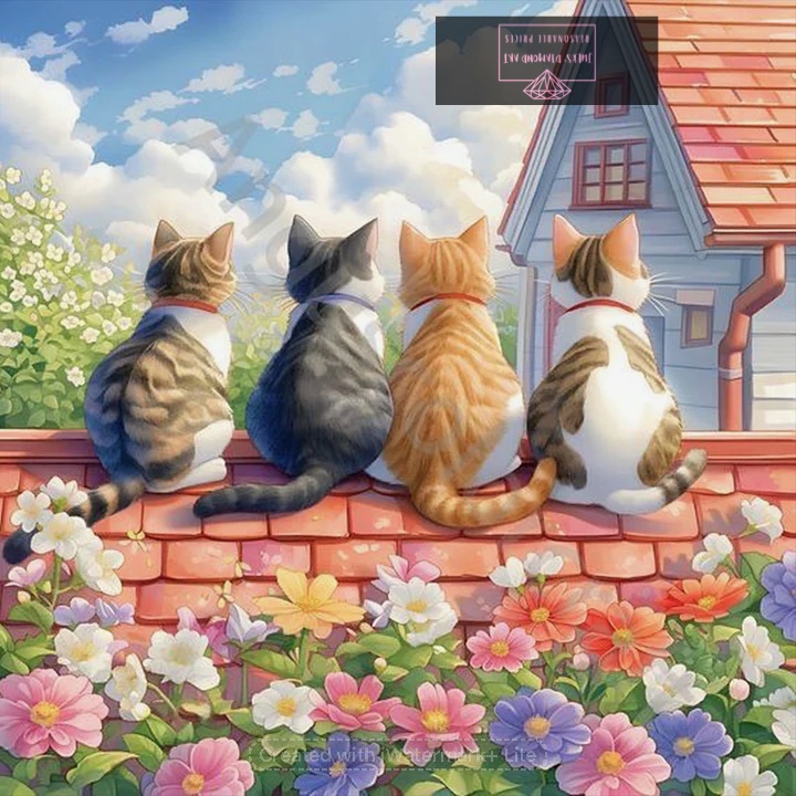 House with Four Cats 30*30cm full round drill diamond painting