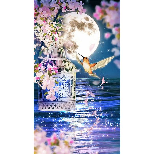 The Scenery Of The Lake Under The Moon, Birds And Flowers 45*80cm full round drill diamond painting