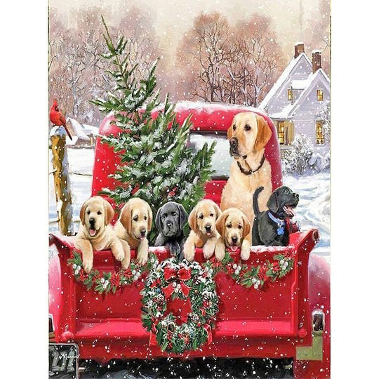 Christmas Tree And Dogs Behind Red Car 40*50cm full round drill diamond painting