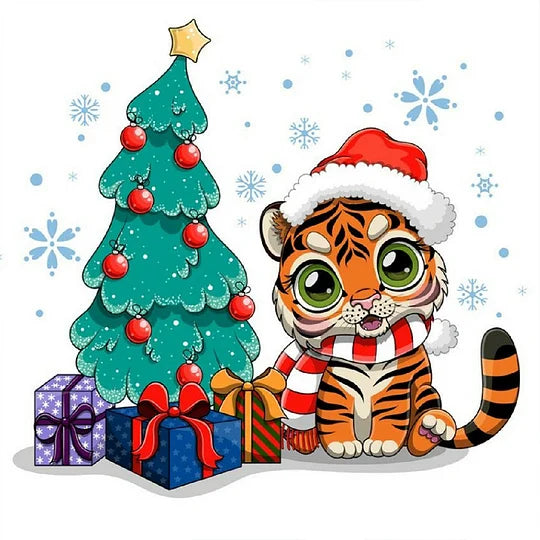 Christmas Tree And Little Tiger 30*30cm full round drill diamond painting