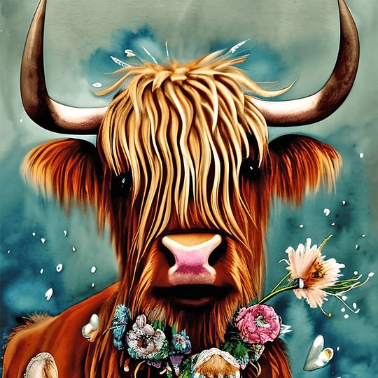 Scottish Highland Cow With Flowers 30*30cm full round drill diamond painting