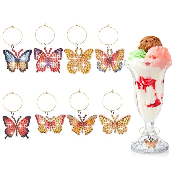 8 pcs Butterfly diamond painting wine glass pendant