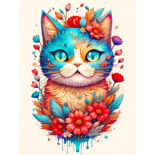 Full Round Drill Diamond Painting 30*40cm Flowers And Happy Blue Cat
