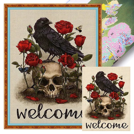 Vintage Poster - Rose Raven Skull Full 14CT Pre-stamped 30*40cm Cross Stitch
