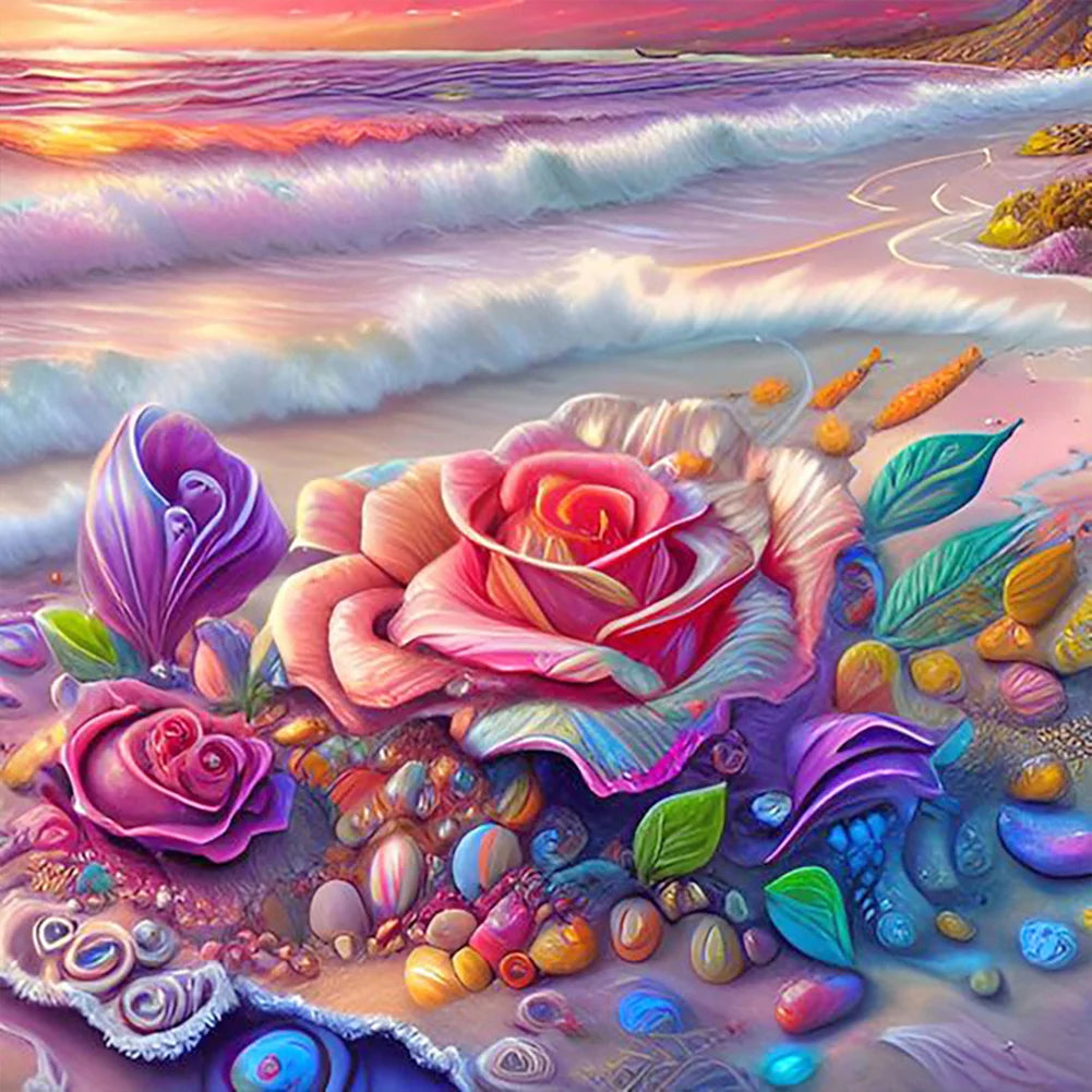 Colourful Beach with Roses 30*30cm full round drill diamond painting