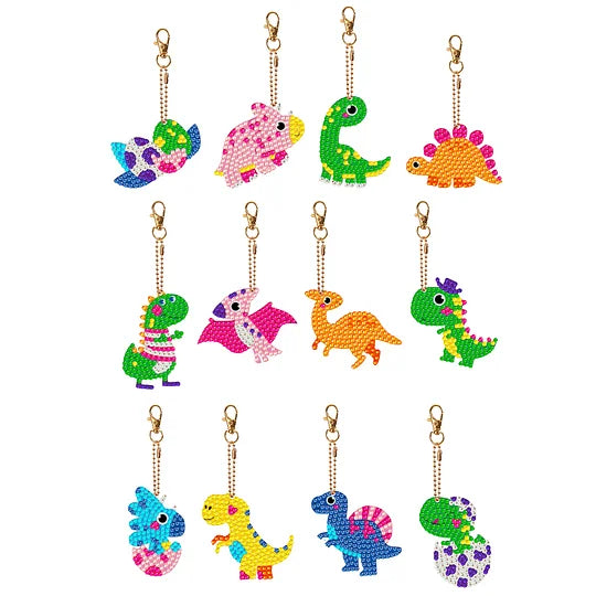 12 pcs Cartoon Dinosaur Double Sided Diamond Painting Keychain