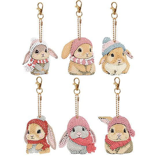 6pcs double sided diamond painting keychain drooping ear rabbit