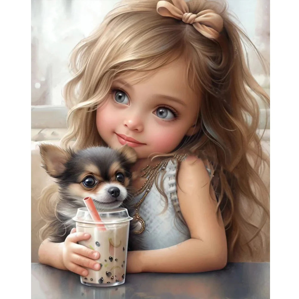 Girl Drinking Milk Tea with Puppy 40*50cm full round drill diamond painting