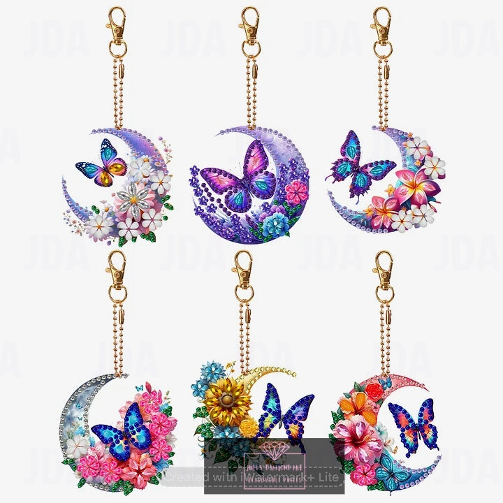 6 pcs Double Sided Special Shaped Moon Butterfly Diamond Painting Keychain