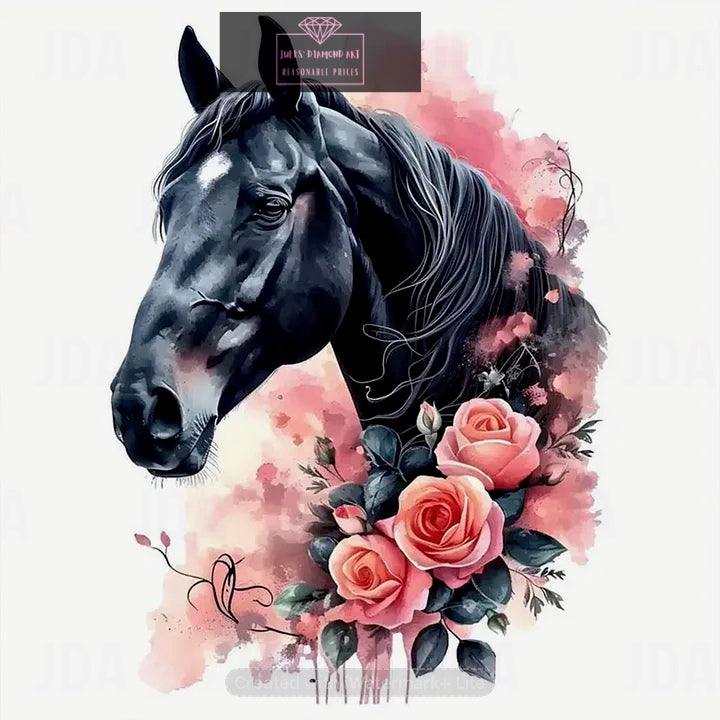 Flowers and black horse 30*30cm full round drill diamond painting