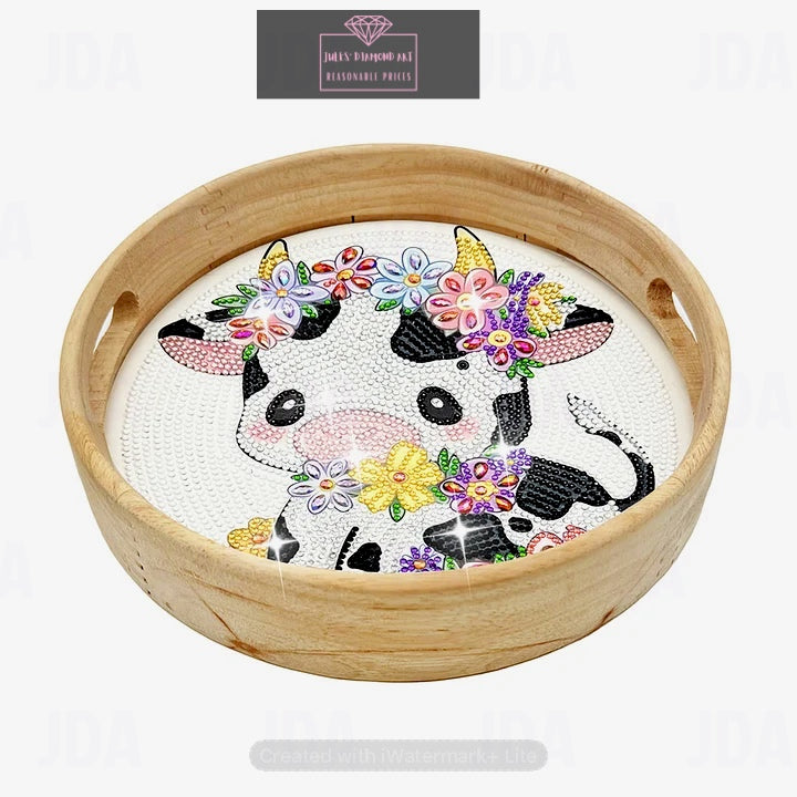 Wooden serving tray with milk cow diamond painting