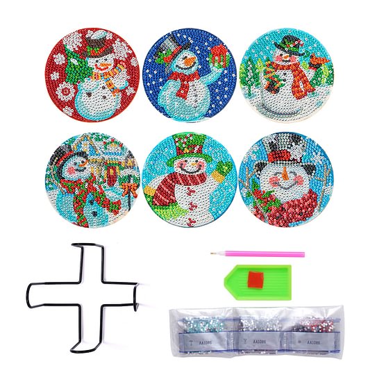 6pcs Wooden Coaster Snowman Diamond Painting