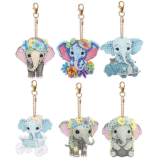 6 pcs Double Sided Diamond Painting Keyrings Baby Elephant