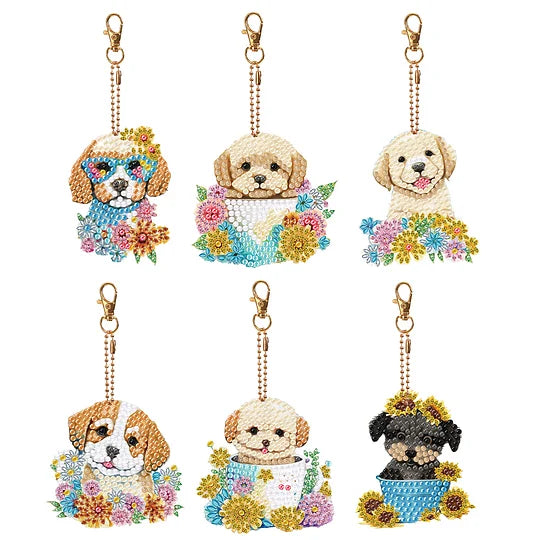 6 pcs Double Sided Diamond Painting Keyring Puppy