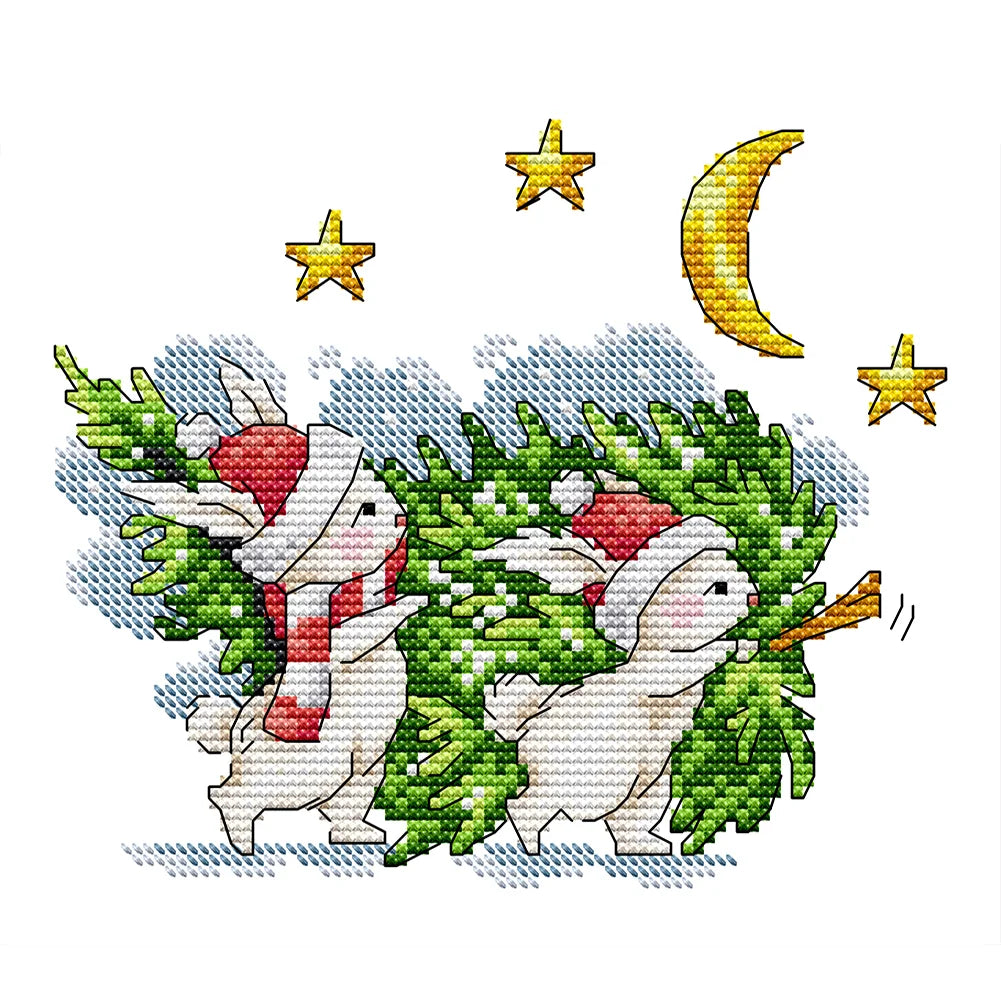 Little Bunny Carrying Christmas Tree Partial 14CT Cross Stitch