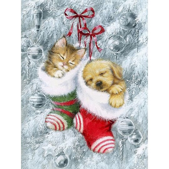 Kittens and Puppies In Christmas Stockings 30*40cm full round drill diamond painting