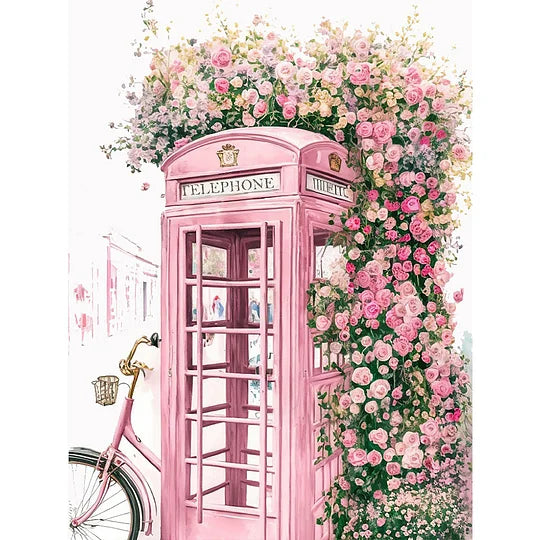 Pink Flower Phone Booth 30*40cm full round drill diamond painting