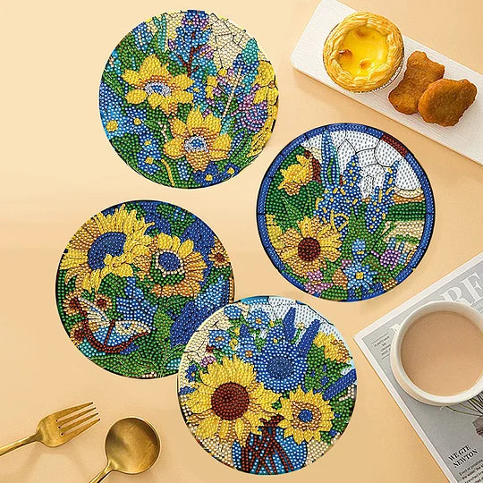 4 pcs Wooden Diamond Painting Placemats Lavender Sunflower