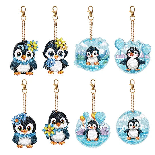 8 pcs Double Sided Round Diamond Painting Keychain Penguin