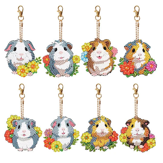 8 pcs Double Sided Round Diamond Painting Keychain Hamster