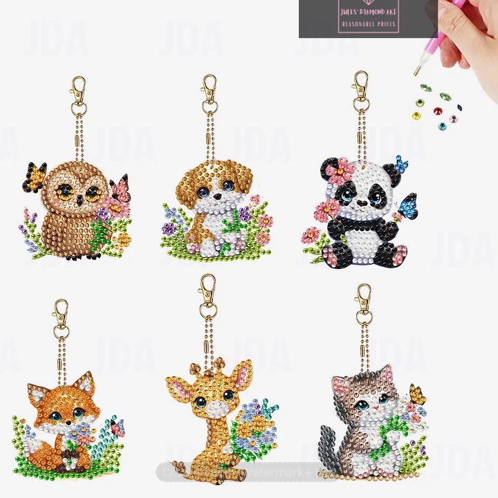 6pcs Acrylic Double Side Animals Diamond Painting Keychain